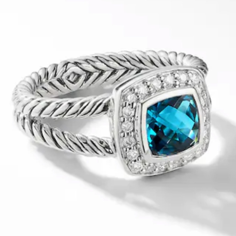 David Yurman Petite Albion Ring Hampton Blue Topaz Diamond Sterling Silver